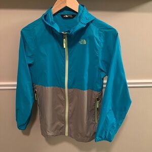 The North Face Girls Large 14/16 Hooded Windbreaker Jacket Teal Grey